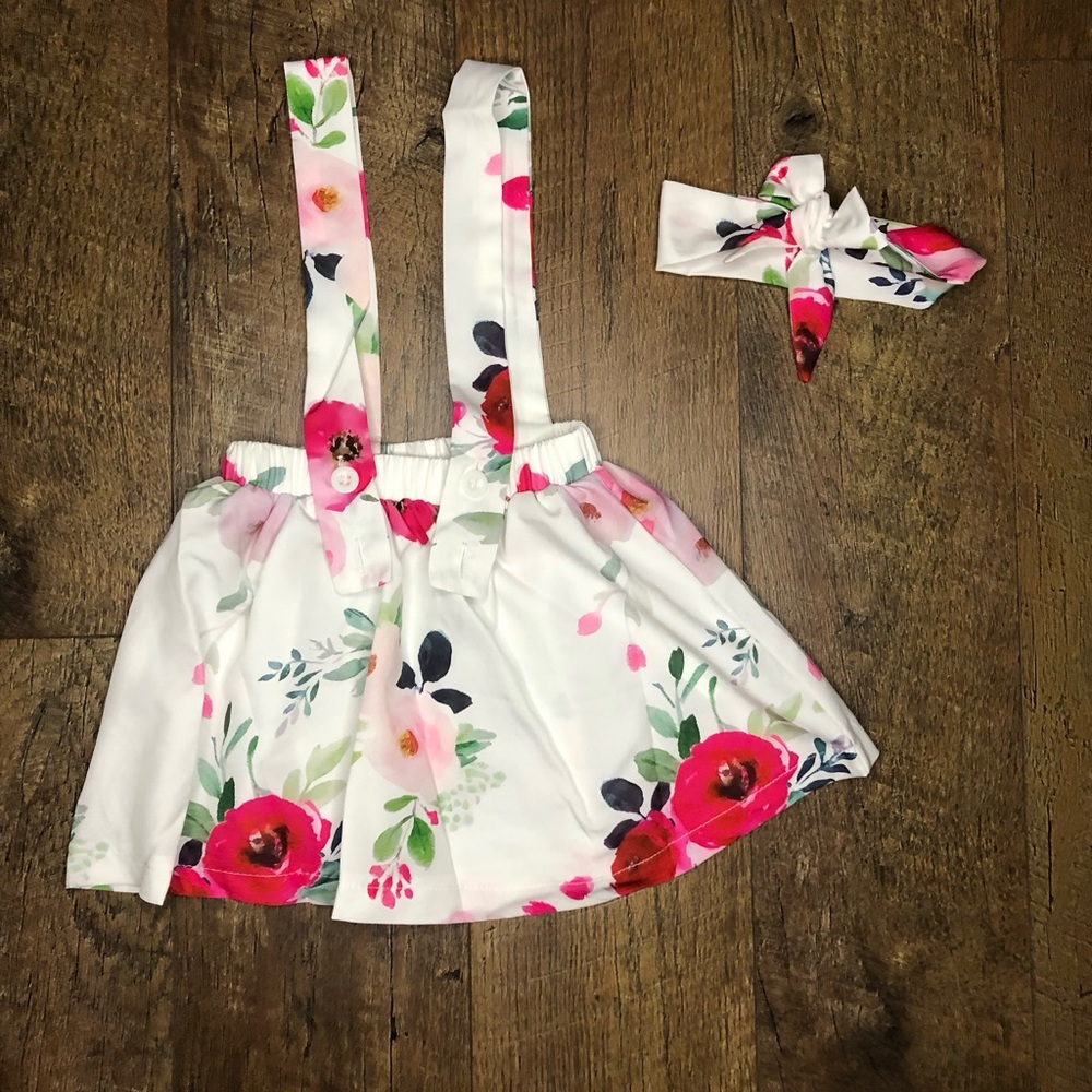 Toddler Baby Girl Floral Romper Dress Suspenders and Matching Headband